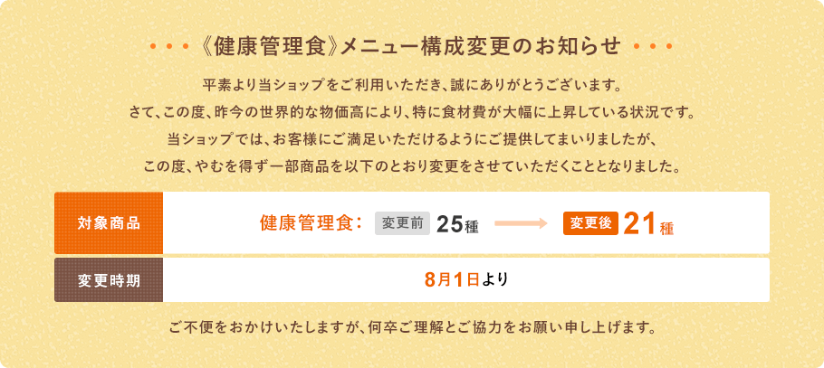 【メニュー数変更のお知らせ】平素より当ショップをご利用いただき、誠にありがとうございます。近年、世界的な食材価格の高騰が続いております。当ショップでも、企業努力を重ねてまいりましたが、サービスを維持することが困難な状況となりました。つきましては、誠に恐縮ではございますが、2024年4月1日より、メニュー数を一部変更させていただくこととなりました。お客様にご満足いただけるよう、厳選した食材を使用したメニューを提供できるよう、今後も努力を続けてまいります。ご理解とご協力をお願いいたします。変更内容：ライトミール　25メニューから14メニューに変更※月ごとにメニューを一部入れ替えをおこないます。今後とも、当ショップをよろしくお願いいたします。